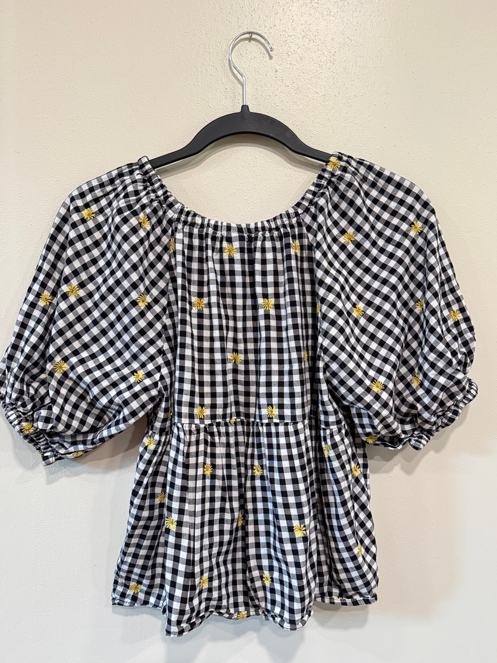 Old Navy Black-and-White Gingham Puff Sleeve Top with Yellow Embroidery